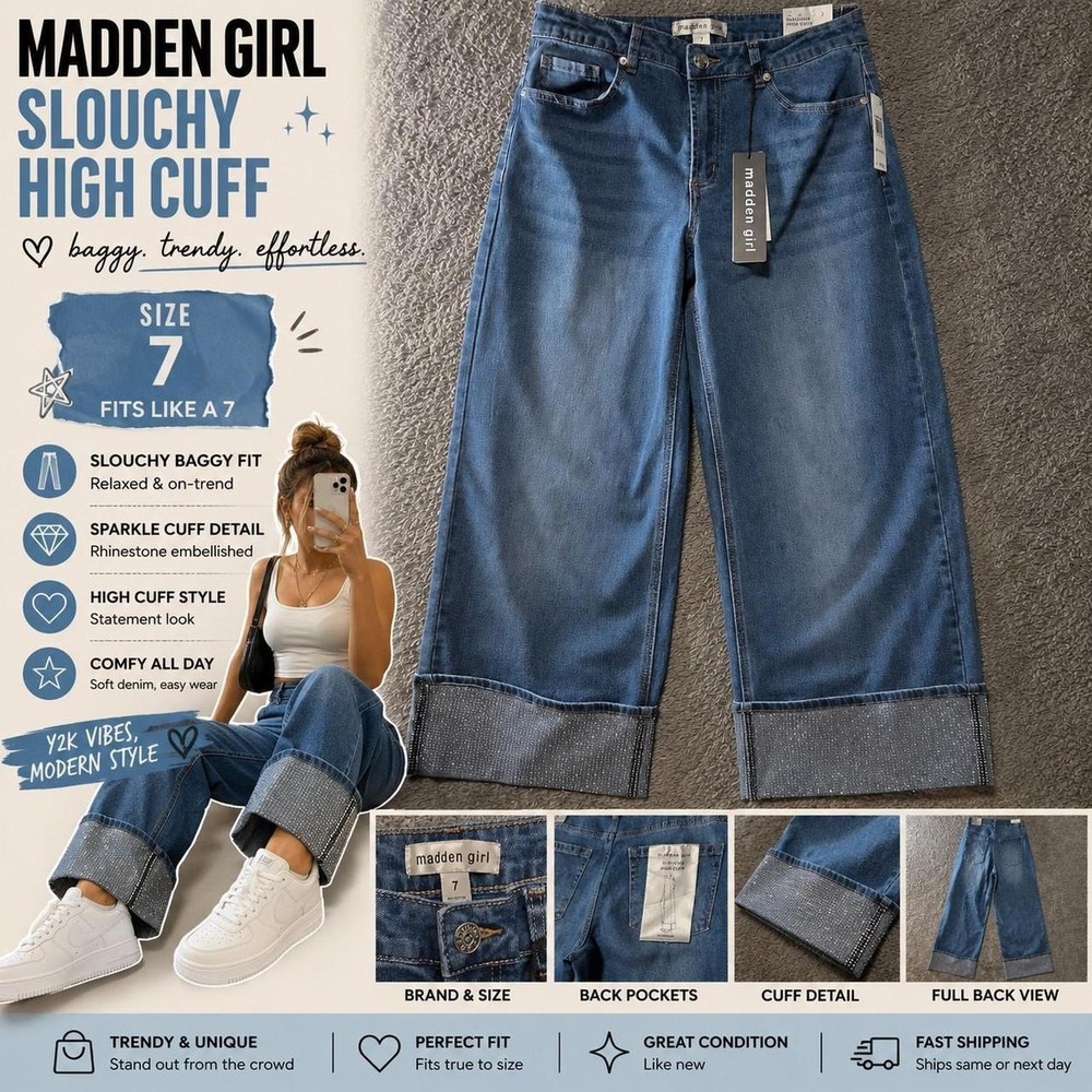 Madden Girl Women's Wide-Leg Jeans Blue Medium Wash Rhinestone Embellished